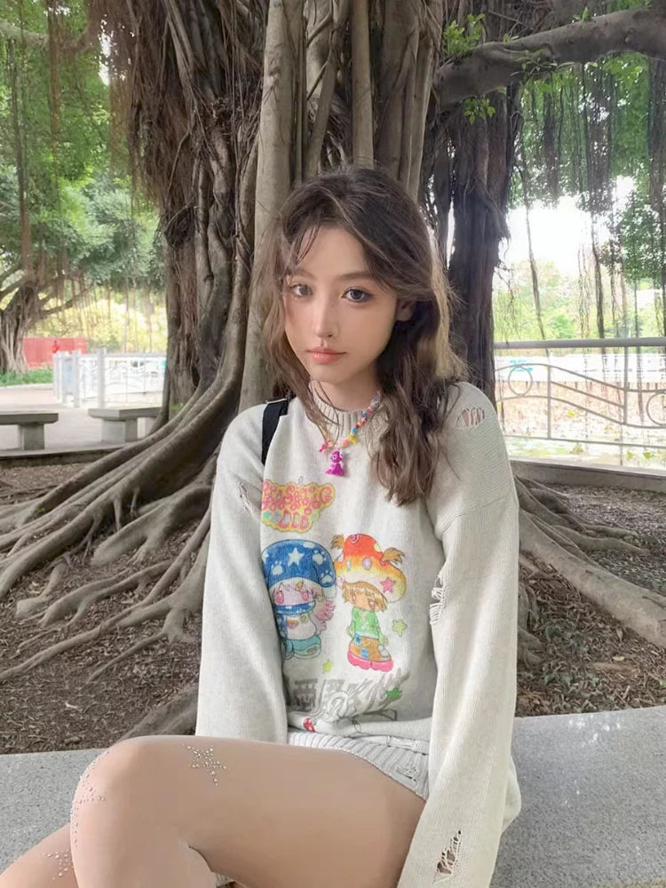 Y2k Aesthetic Cartoon Printing Harajuku Sweater Women Gothic Vintage Ripped Grunge Jumper Streetwear Oversize Hiphop Pullover