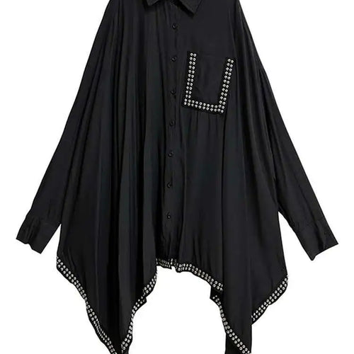 Load image into Gallery viewer, Women Black Irregular Hem Rivet Pocket Big Size Shirt Dress New Lapel Long Sleeve Fashion Tide Spring Autumn 2025 1DH7268

