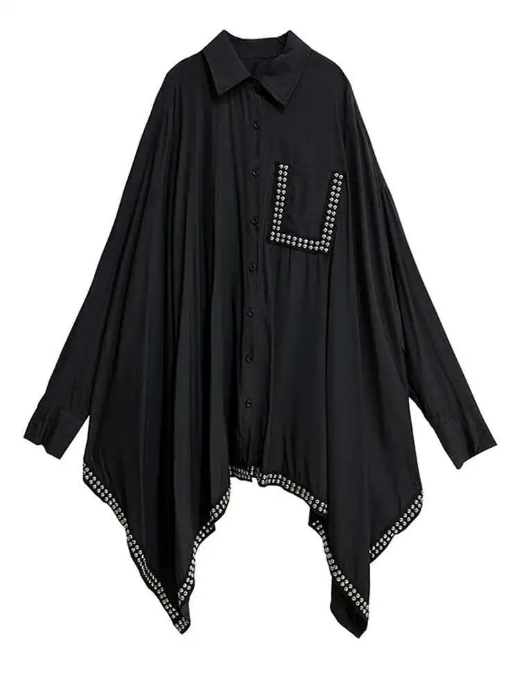 Women Black Irregular Hem Rivet Pocket Big Size Shirt Dress New Lapel Long Sleeve Fashion Tide Spring Autumn 2025 1DH7268