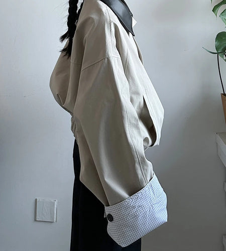 Khaki Plaid Leather Color-block Big Size Jacket New Lapel Long Sleeve Women Coat Fashion Tide Spring Autumn 2025  1DJ0976