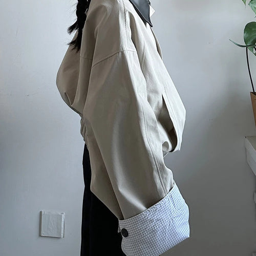 Load image into Gallery viewer, Khaki Plaid Leather Color-block Big Size Jacket New Lapel Long Sleeve Women Coat Fashion Tide Spring Autumn 2025  1DJ0976
