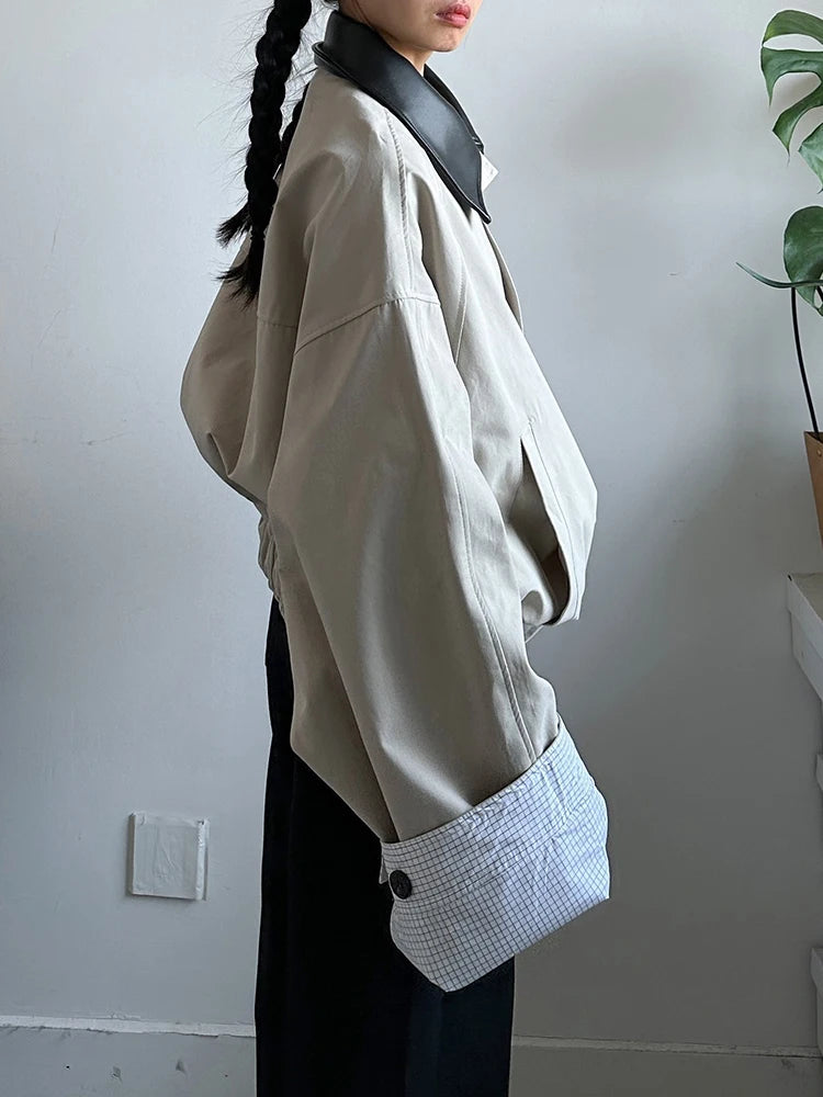 Khaki Plaid Leather Color-block Big Size Jacket New Lapel Long Sleeve Women Coat Fashion Tide Spring Autumn 2025  1DJ0976