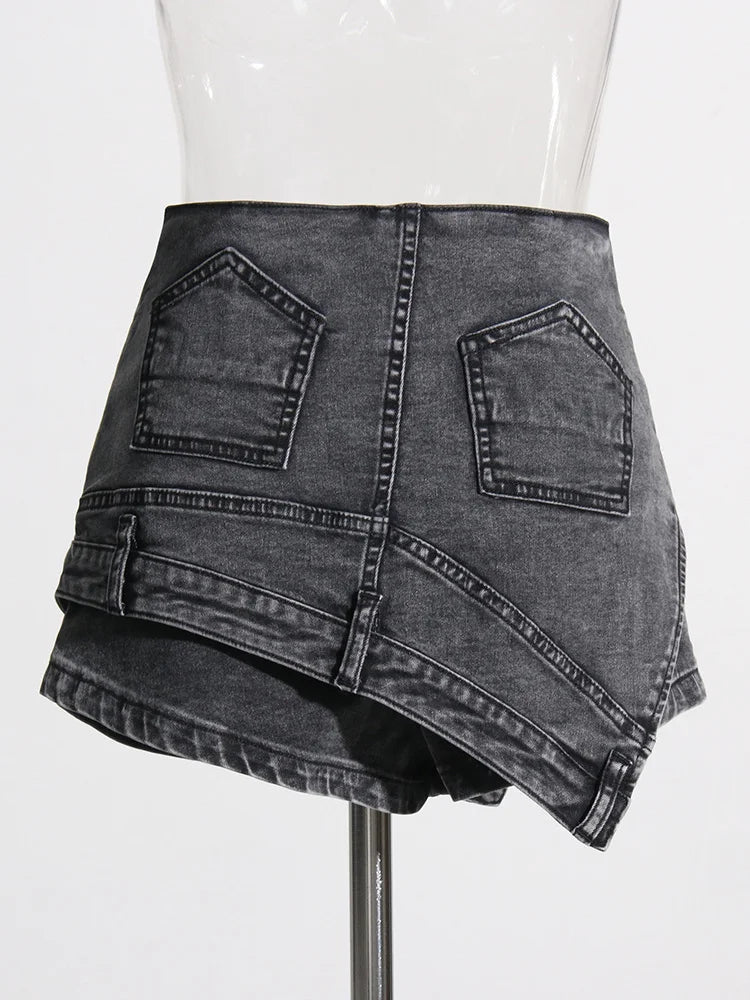Solid Slimming Denim Shorts For Women High Waist Patchwork Zipper Asymmetrical Streetwear Pants Female Summer Clothing