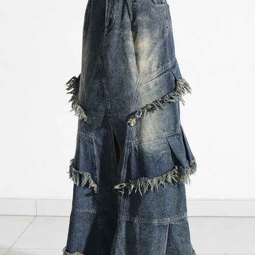 Load image into Gallery viewer, Patchwork Tassel Skirts For Women High Waist Loose Casual Hit Color Denim A Line Skirt Female Fashion Clothing
