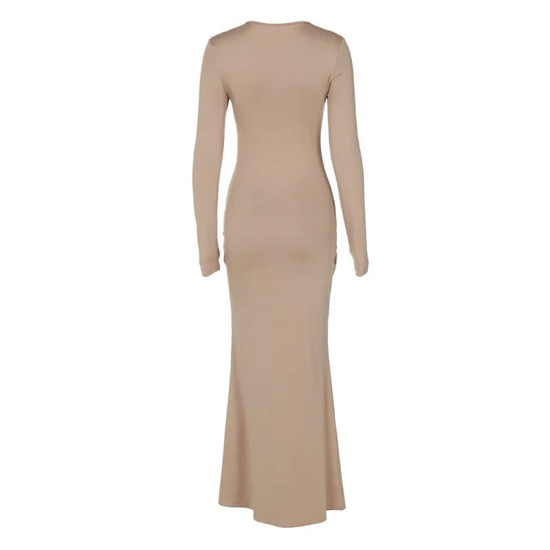 Long Sleeve Ruched Sexy Maxi Dress For Women Autumn New Fashion Solid O Neck Bodycon Long Dress Elegant Clubwear