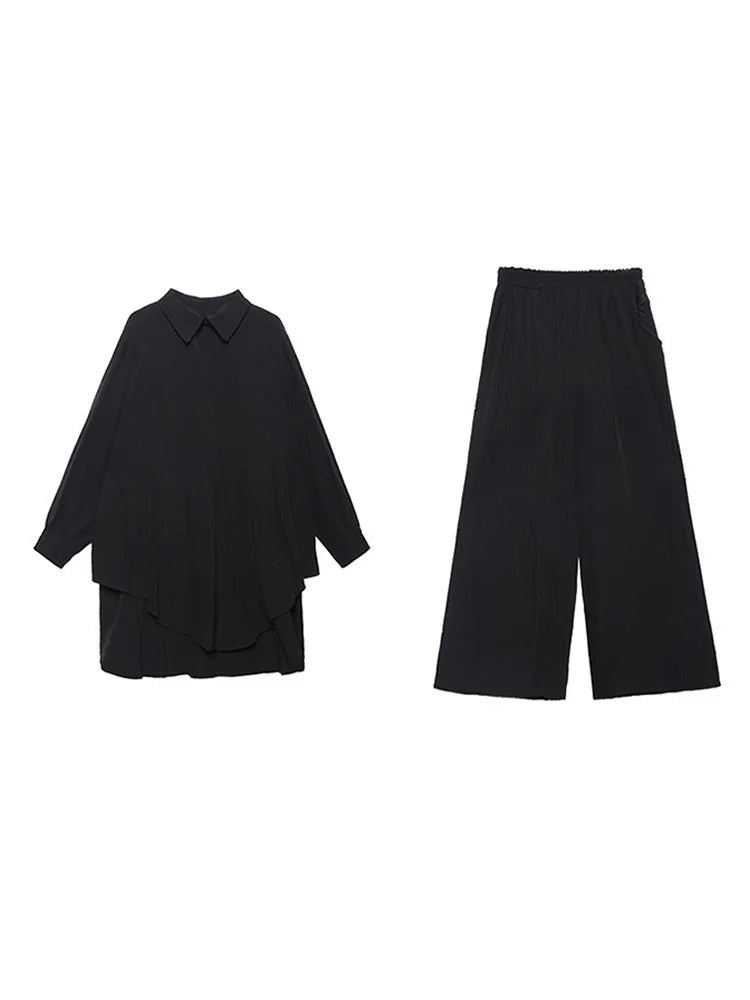 Wide Leg Pants Big Size Two Piece Suit New Lapel Long Sleeve Black Loose Fit Women Fashion Tide Spring Autumn 2025 1DF0685