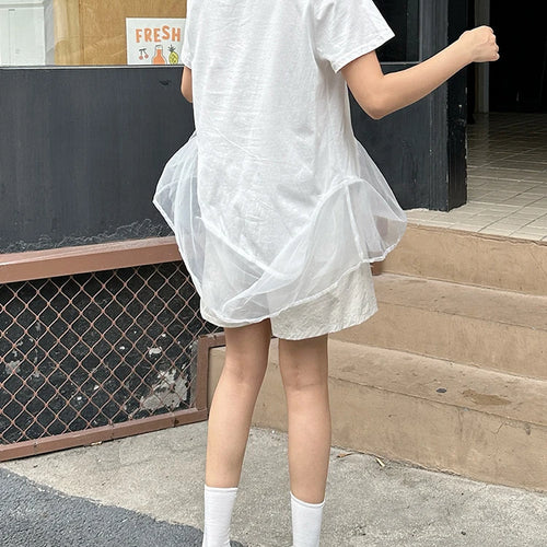 Load image into Gallery viewer, Women White Organza Irregular Hem Casual T-shirt New Round Neck Short Sleeve Fashion Tide Spring Summer 2025 1DJ1395
