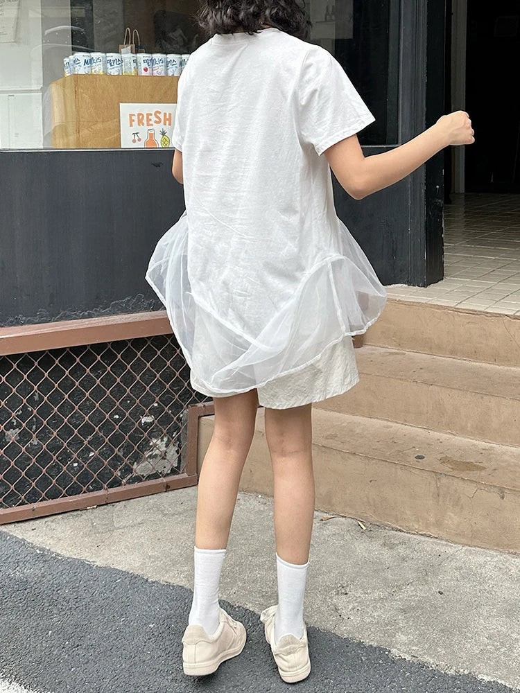 Women White Organza Irregular Hem Casual T-shirt New Round Neck Short Sleeve Fashion Tide Spring Summer 2025 1DJ1395