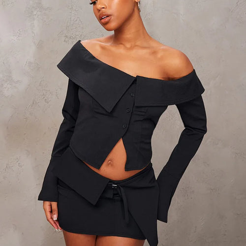 Load image into Gallery viewer, Sexy Two Piece Sets Women Off-shoulder Long Sleeve T-shirt And Mini Skirt Matching Sets Backless Sexy 2 Piece Sets
