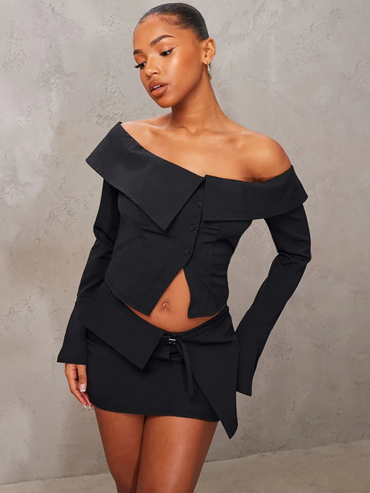 Sexy Two Piece Sets Women Off-shoulder Long Sleeve T-shirt And Mini Skirt Matching Sets Backless Sexy 2 Piece Sets