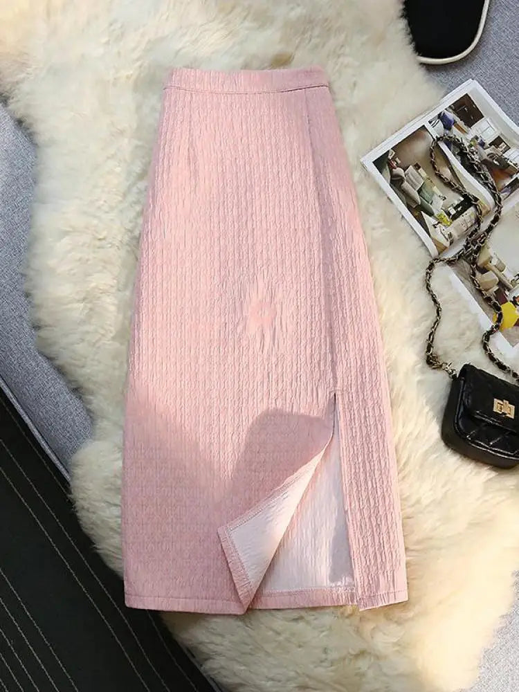 Women New Black White High Waist Wrapped Hip Zipper Long Skirt Spring Summer Pink Elegant Party Pencil Split Skirt Vintage Trend