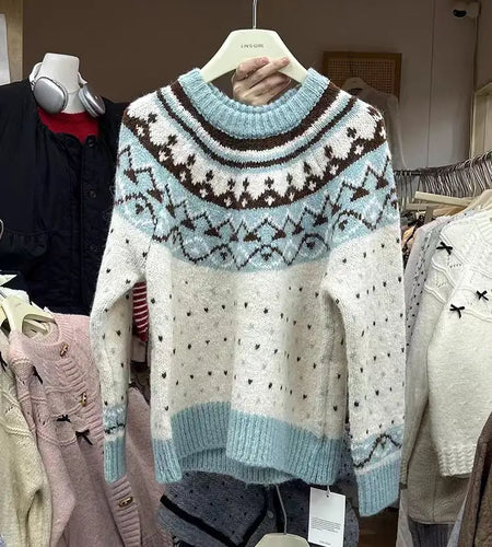 Vintage 2024 Women Pink Patchwork Elegant Knitted Sweater Autumn Winter Blue Long Sleeve Round Neck Pullover Tops Popular Trendy