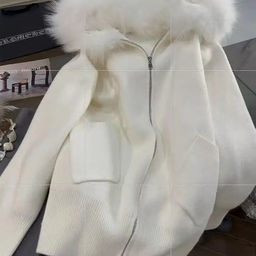 Load image into Gallery viewer, French Vintage Women White Elegant Hooded Short Knit Cardigan Autumn Winter Long Sleeve Festival Zipper Sweaters 2024 Versatile
