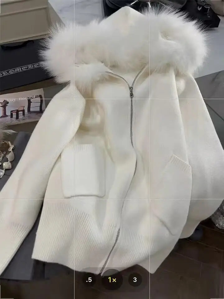 French Vintage Women White Elegant Hooded Short Knit Cardigan Autumn Winter Long Sleeve Festival Zipper Sweaters 2024 Versatile