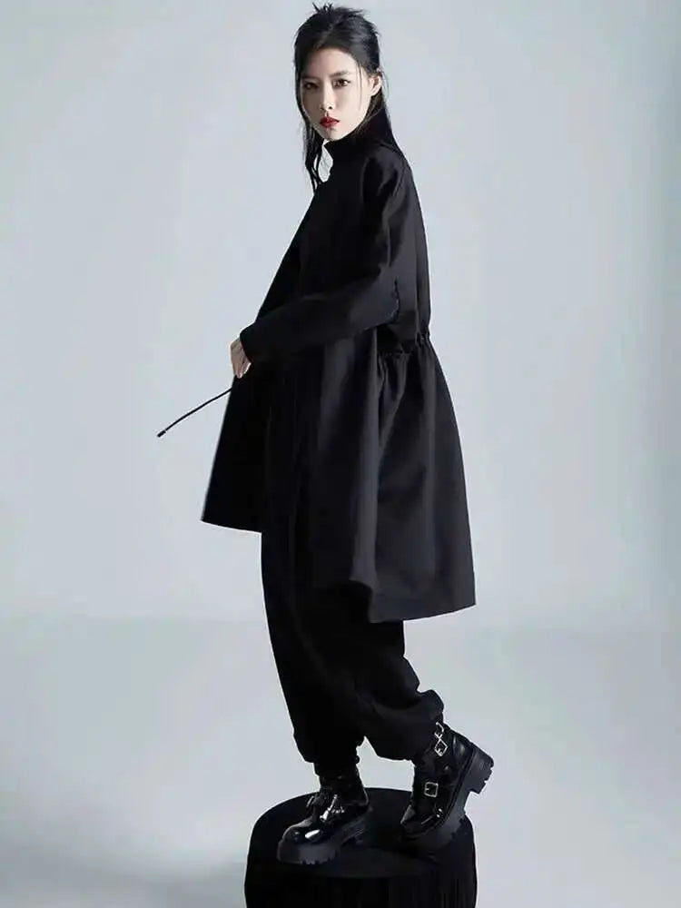 Loose Fit Black Bandage Big Size Long Jacket New O-neck Long Sleeve Women Coat Fashion Tide Spring Autumn 2025 1DH1987