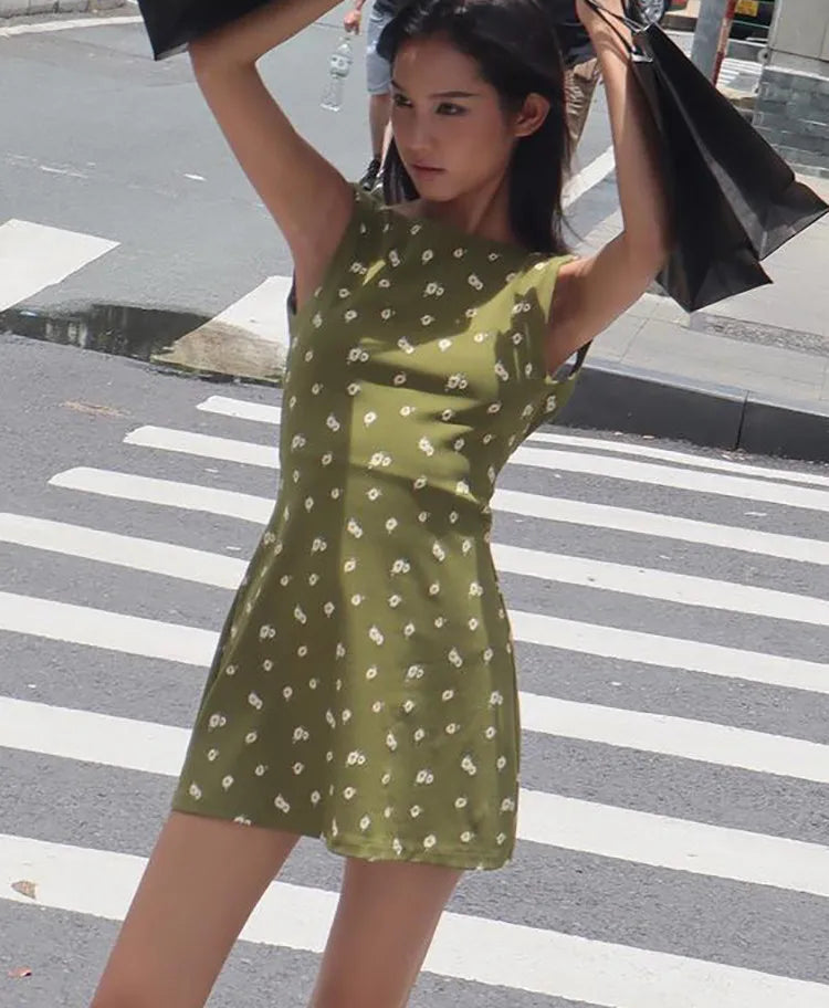 Women Elegant Floral Print Sleeveless Backless Sexy Slim Mini Dress 2024 Spring Women Outfits Birthday Party Festival