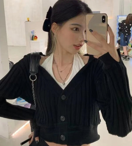 Harajuku Black White Sweater Cropped Cardigan Women Korean Fashion Streetwear Jumper Female Autumn Hoody Knitted Top