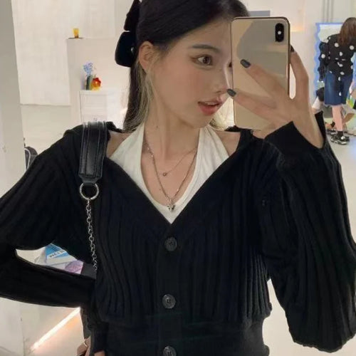 Load image into Gallery viewer, Harajuku Black White Sweater Cropped Cardigan Women Korean Fashion Streetwear Jumper Female Autumn Hoody Knitted Top
