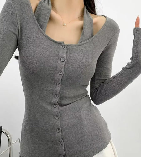 Y2k Sexy Fake Two Pieces Set Long Sleeve Halter Top Women Solid Skinny Patchwork Basic Tee Shirts Korean Fashion  Tshirts