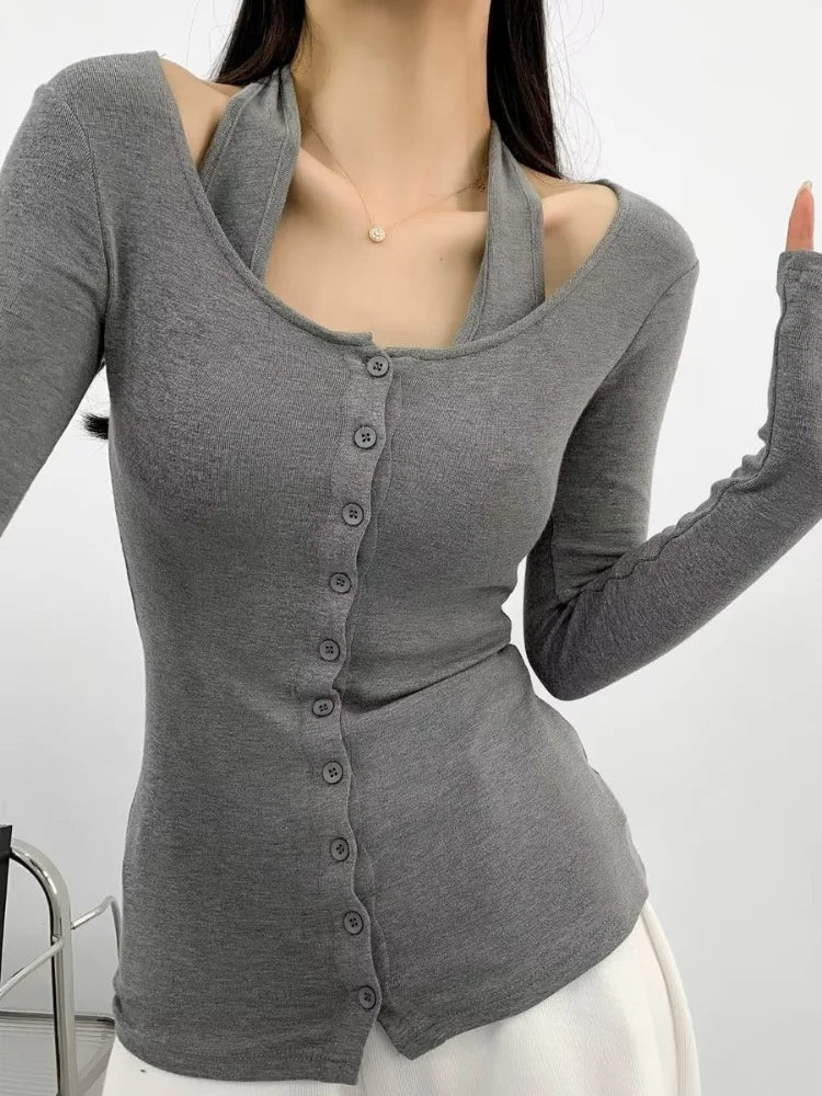 Y2k Sexy Fake Two Pieces Set Long Sleeve Halter Top Women Solid Skinny Patchwork Basic Tee Shirts Korean Fashion  Tshirts