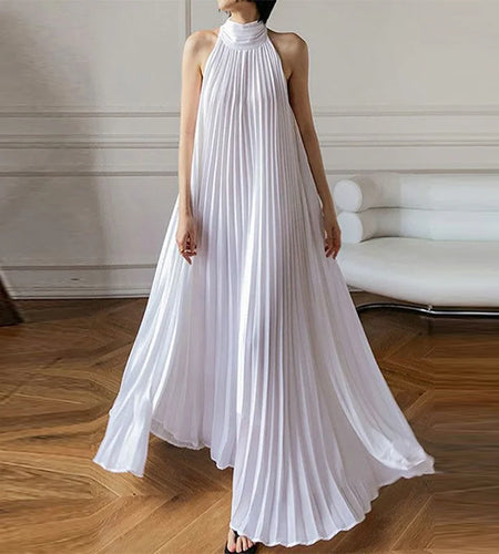 Summer Women Elegant Pleated Dresses Holiday Cocktail Party Birthday Halter Neck A-line Long White Dresses Woman