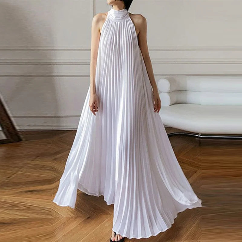 Summer Women Elegant Pleated Dresses Holiday Cocktail Party Birthday Halter Neck A-line Long White Dresses Woman