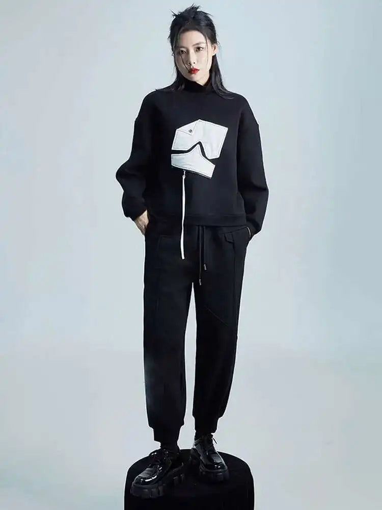 Black Pattern Zipper Thick Sweatshirt New Turtleneck Long Sleeve Women Big Size Fashion Tide Spring Autumn 2025 1DH2585