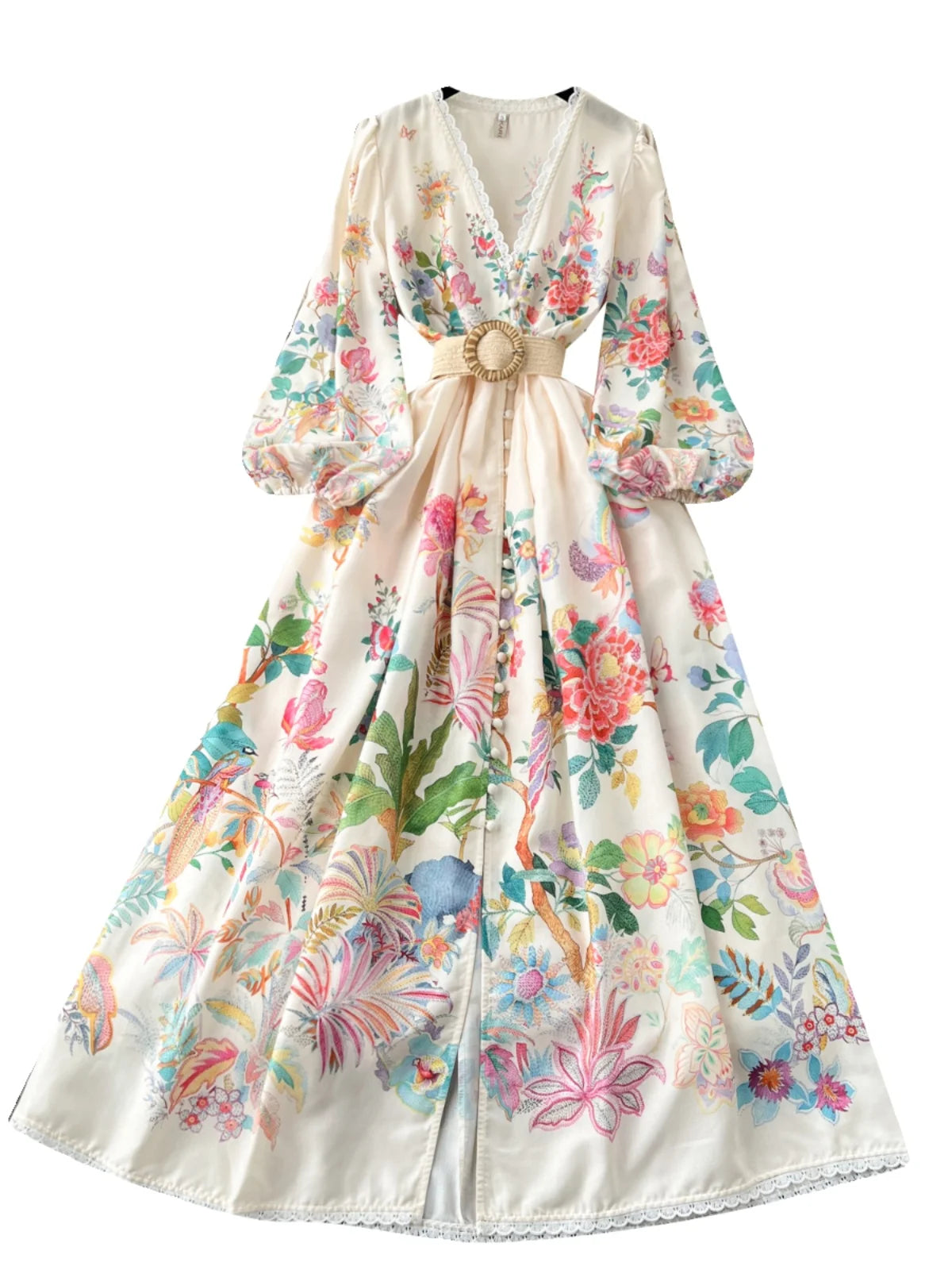 French Vintage Women Autumn Sweet Beige Flower Lace Elegant Long Sleeve Princess Dresses Ladies Party V-neck Evening Dress Boho