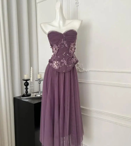 Summer French 2025 Women Purple Flower Embroidery Elegant Backless Strapless Tops And High Waist Mesh Long Skirt Two Piece Sets