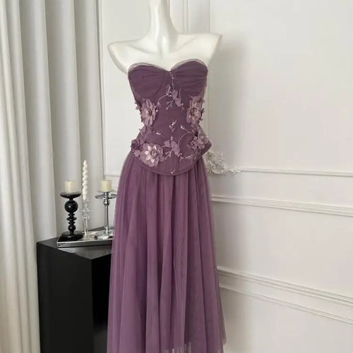 Load image into Gallery viewer, Summer French 2025 Women Purple Flower Embroidery Elegant Backless Strapless Tops And High Waist Mesh Long Skirt Two Piece Sets
