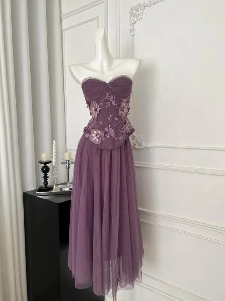 Summer French 2025 Women Purple Flower Embroidery Elegant Backless Strapless Tops And High Waist Mesh Long Skirt Two Piece Sets