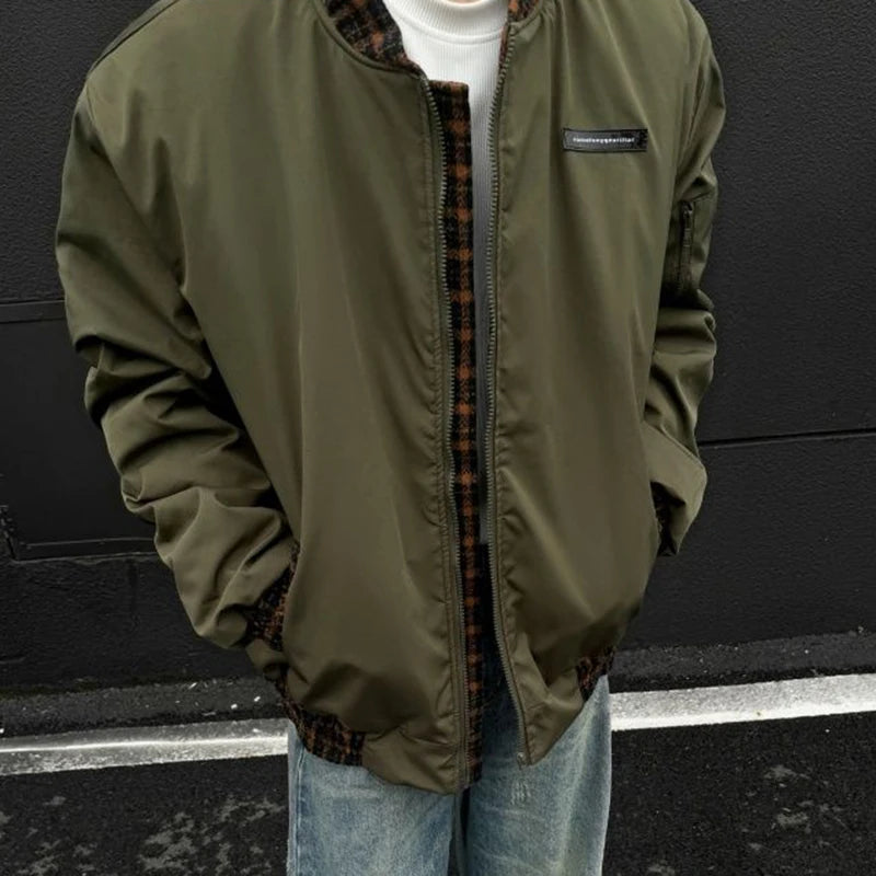Woolen Plaid Design Men's Padded Jackets Round Collar Cotton Contrast Color Casual Coats Niche Menswear Stylish New 9C9083