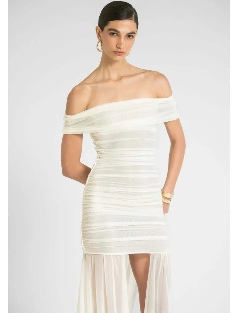 Elegant Sleeveless One Shoulder Mesh Patchwork Elastic Tight Dress Women Sexy Backless Perspective Party Club Vestido