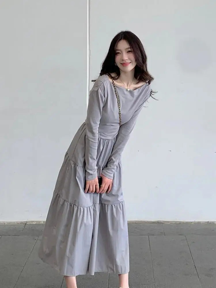 Autumn Gray Elegant High Waist Evening Party Dresses Women Long Sleeve Off Shoulder Sexy Club Pleated Long Dress French Popular