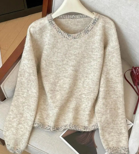 Korean Simple Khaki Long Sleeves Loose Knit Crochet Sweater Women's Round Neck Office Lady Short Pullover Tops Autumn Winter New