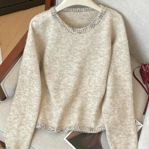 Load image into Gallery viewer, Korean Simple Khaki Long Sleeves Loose Knit Crochet Sweater Women's Round Neck Office Lady Short Pullover Tops Autumn Winter New

