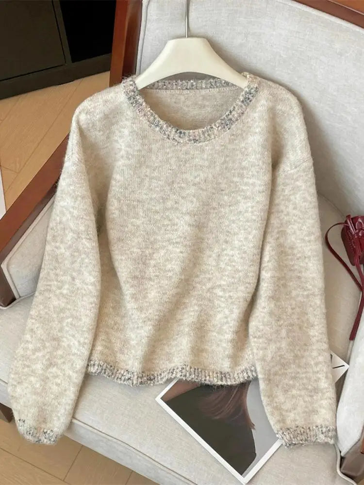 Korean Simple Khaki Long Sleeves Loose Knit Crochet Sweater Women's Round Neck Office Lady Short Pullover Tops Autumn Winter New