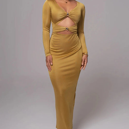 Load image into Gallery viewer, Hollow out long sleeve sexy maxi dress for women fashion solid V neck back split bodycon club long dress elegant
