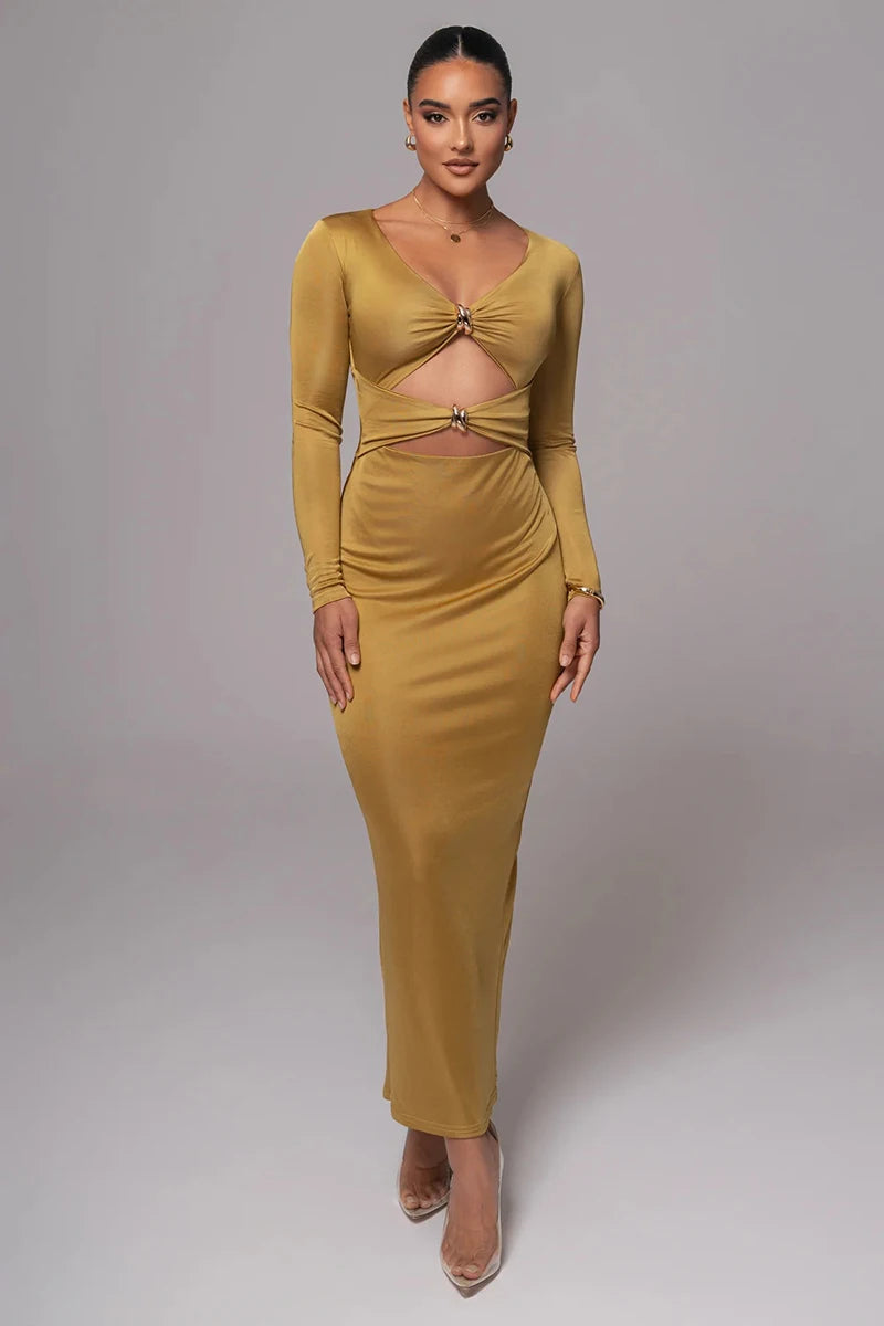 Hollow out long sleeve sexy maxi dress for women fashion solid V neck back split bodycon club long dress elegant