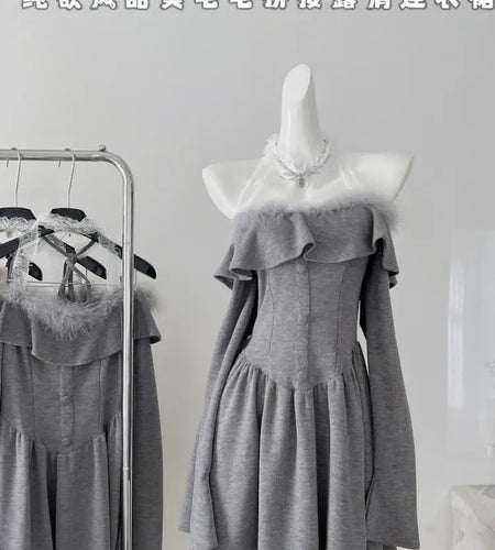 Autumn Ladies Grey Patchwork Lace Ruffles Halter Party Mini Dress Chic High Waist Sexy Club Elegant Backless Pleated Short Dress