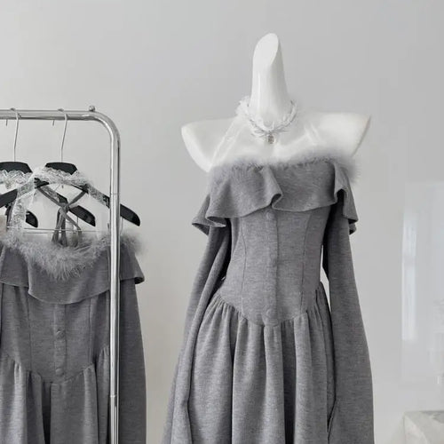 Load image into Gallery viewer, Autumn Ladies Grey Patchwork Lace Ruffles Halter Party Mini Dress Chic High Waist Sexy Club Elegant Backless Pleated Short Dress
