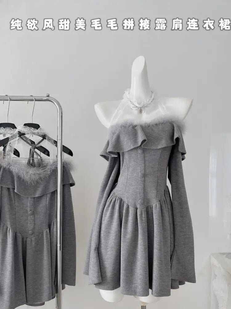 Autumn Ladies Grey Patchwork Lace Ruffles Halter Party Mini Dress Chic High Waist Sexy Club Elegant Backless Pleated Short Dress