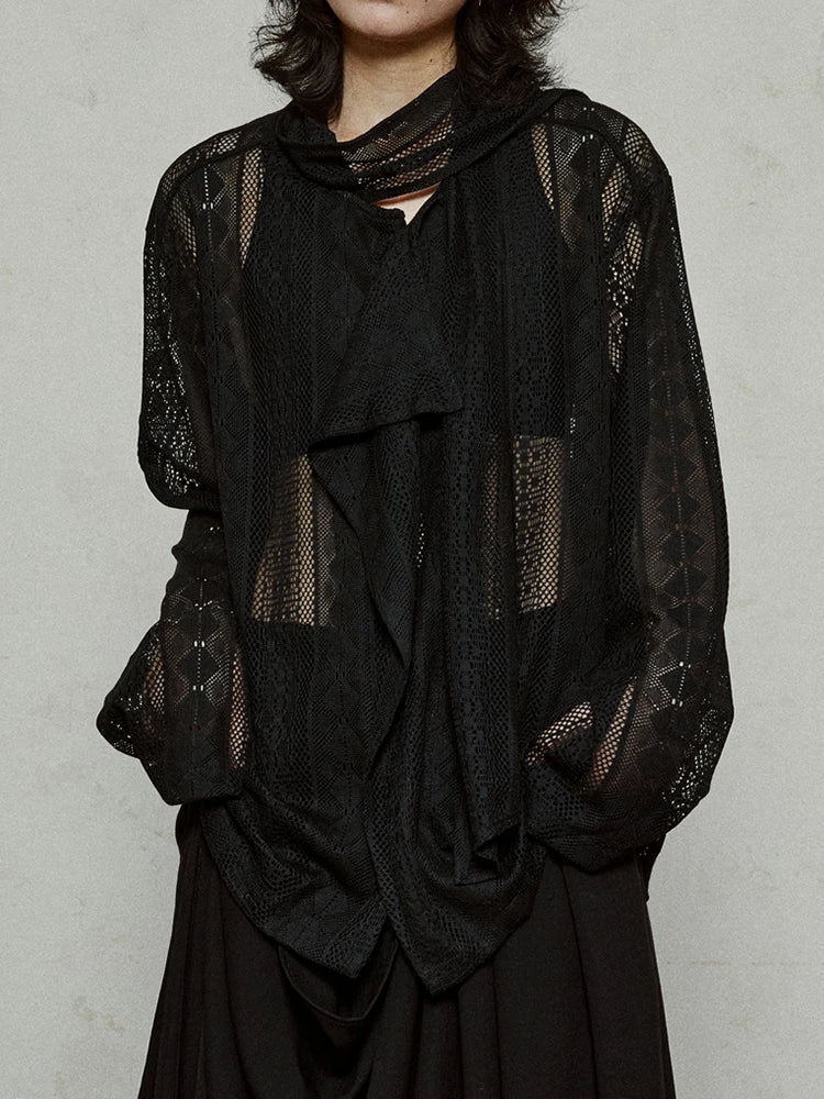 Women Black Lace Hollow Out Big Size Blouse New Bow Collar Long Sleeve Shirt Fashion Tide Spring Autumn 2025  1DJ1179