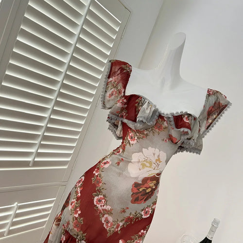 Load image into Gallery viewer, French Red Print Elegant Square Neck Slim Sexy Party Short Dress Women's Summer New Ruffled Edge Dresses Fashion Bohemian Trendy
