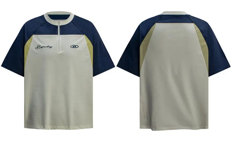 Men T-Shirt Y2K Embroidered Patchwork Half Zip Up Sport Racing Tshirt Streetwear Harajuku Hip Hop Casual Baggy Urban Top Tee