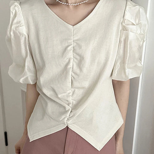 Load image into Gallery viewer, Pleated Solid Color Puff Sleeve Women Blouse White V-neck French Style Elegant Female Blouses Summer Chic Office Ladies
