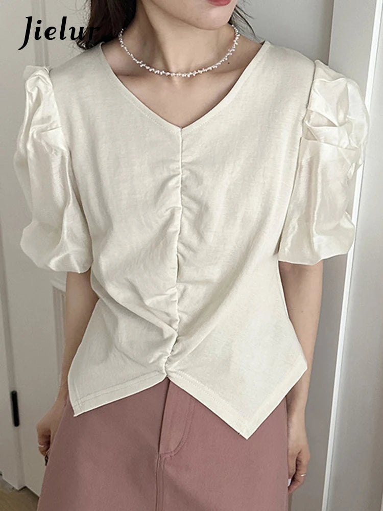 Pleated Solid Color Puff Sleeve Women Blouse White V-neck French Style Elegant Female Blouses Summer Chic Office Ladies