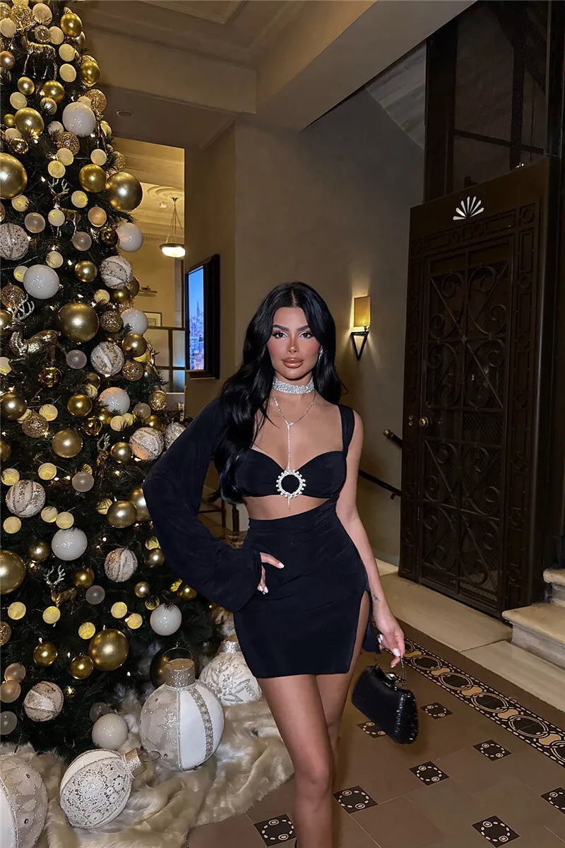 Hollow Out Backless Sexy Mini Dress For Women Robe Elegant Fashion One Sleeve Side Slit A-line Club Dress Vestido