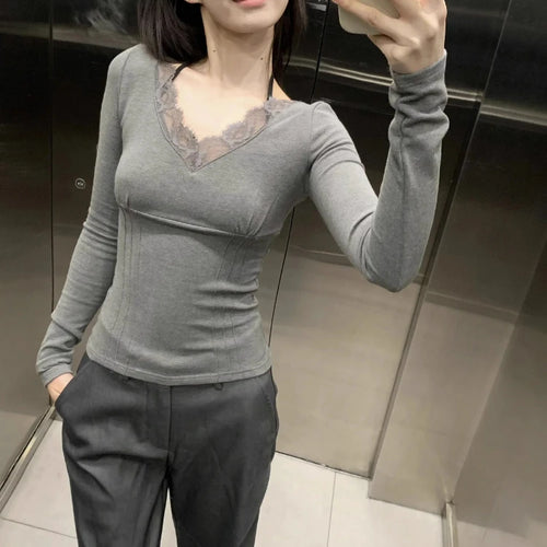 Load image into Gallery viewer, Sexy Lace Patchwork Cropped Tops Women Y2k Aesthetic Bodycon Vintage T-shirt Harajuku Fairy Grunge Pleated Clothes Streetwear
