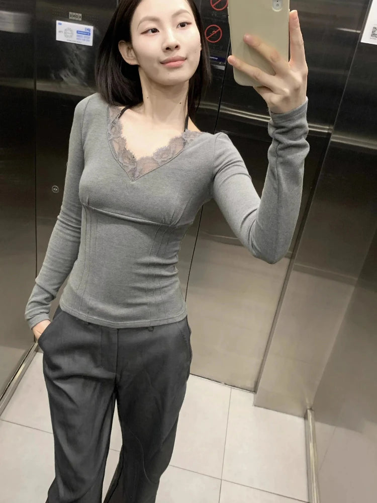 Sexy Lace Patchwork Cropped Tops Women Y2k Aesthetic Bodycon Vintage T-shirt Harajuku Fairy Grunge Pleated Clothes Streetwear